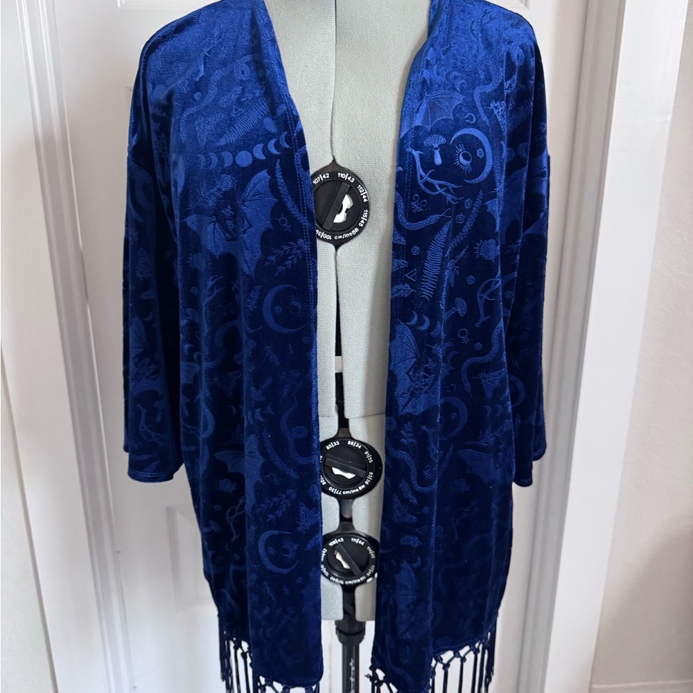Blue Velvet Open-Front Tunic with Fringe